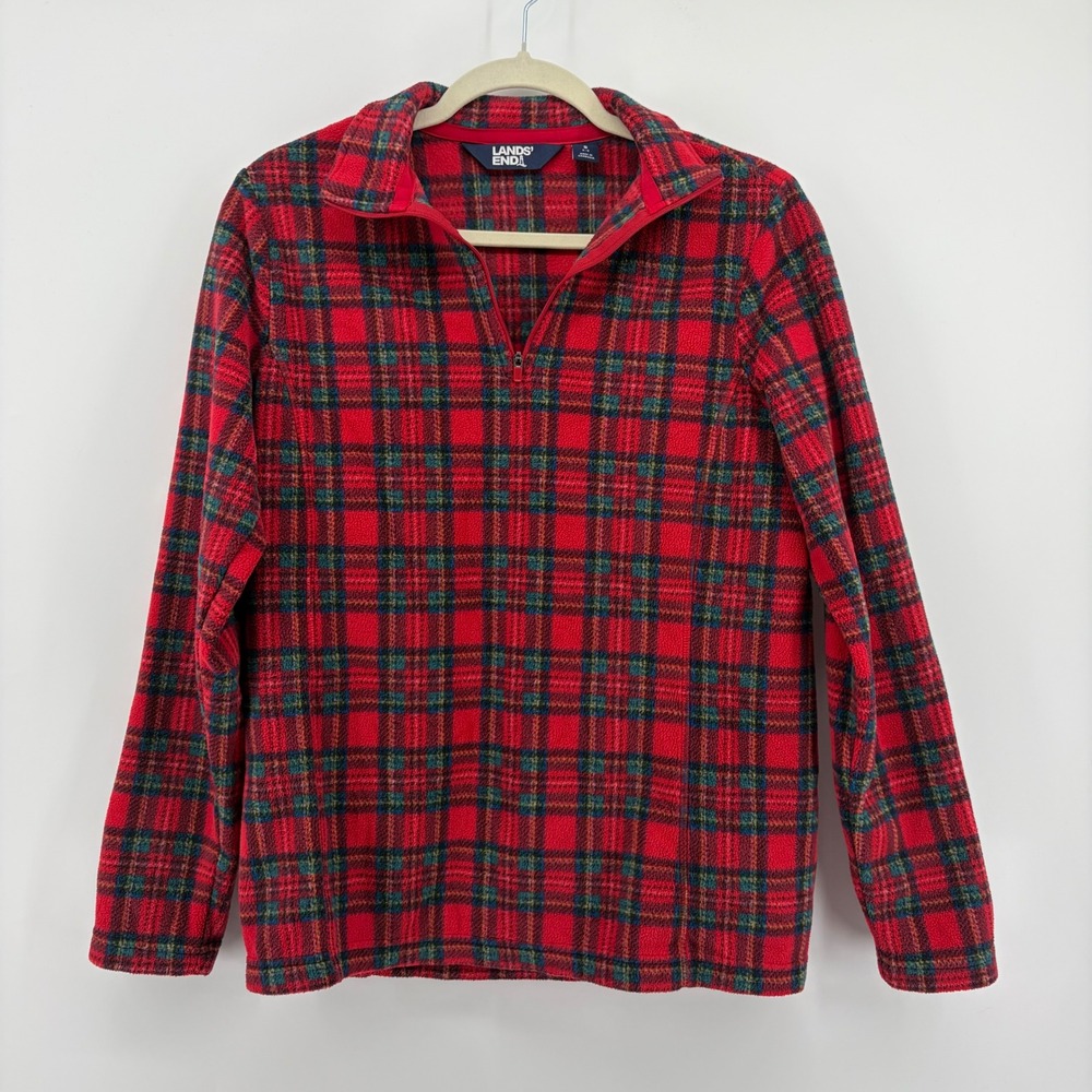 Lands End Fleece Pullover Red Women S Plaid Quarter‎ Zip Long Sleeve Tartan Top